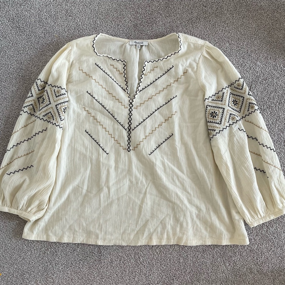 Madewell Long Sleeve Cream Embroidered Gauze Blouse in Size Medium